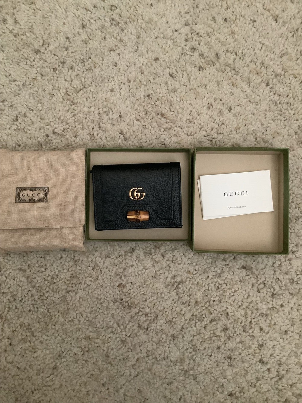 Gucci Black Leather Card Holder Wallet with Gold GG and Bamboo Accent